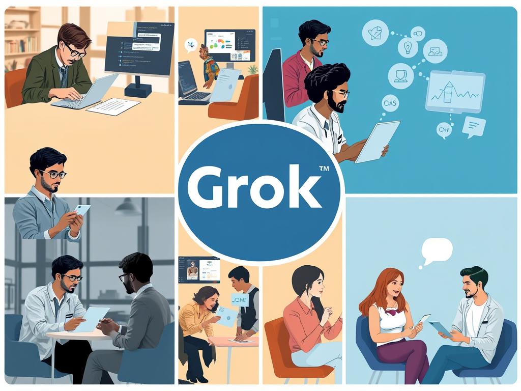 Различные сценарии использования Grok AI разными группами пользователей, от исследователей до предпринимателей Различные сценарии использования Grok AI разными группами пользователей, от исследователей до предпринимателей